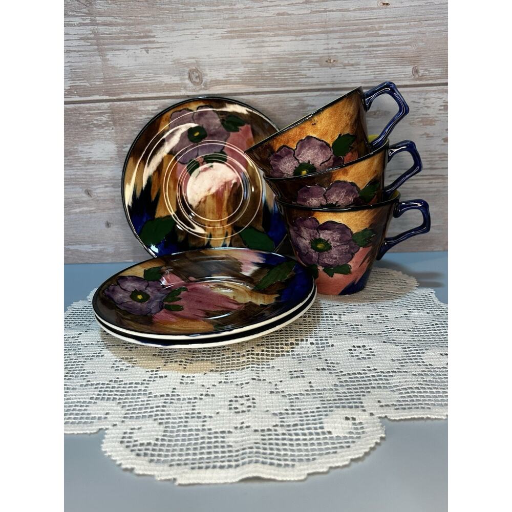 H&K Tunstall Hand-Painted Floral Ceramic Cup and Saucer Set Of 3